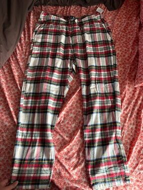 Old Navy White Plaid Jogger Pants with Red, Green and Navy Stripes